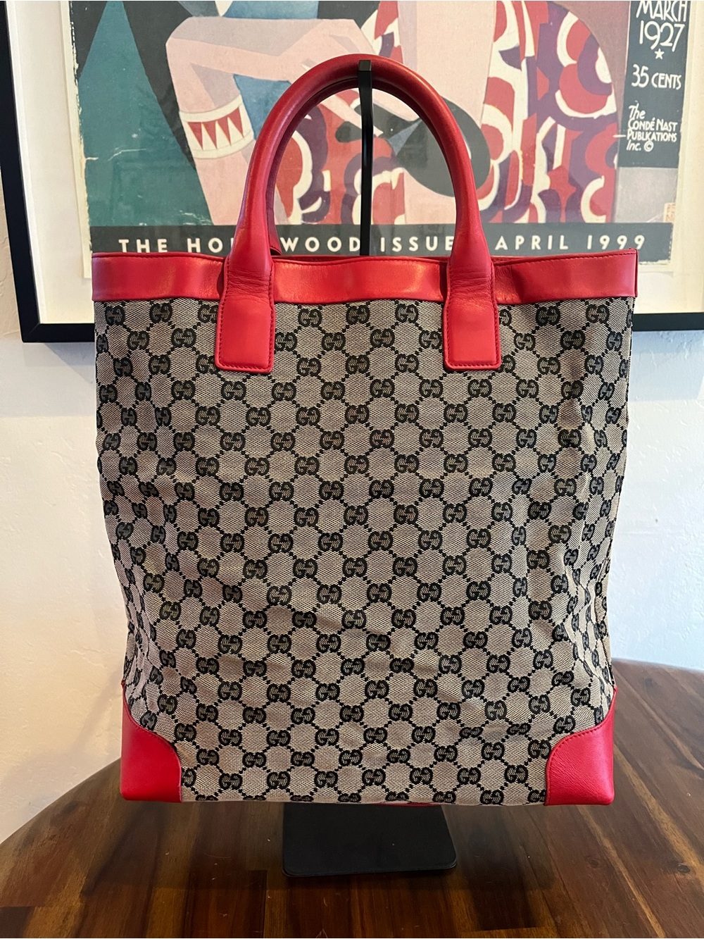 Gucci Beige GG Supreme Tote with Red Leather Trim